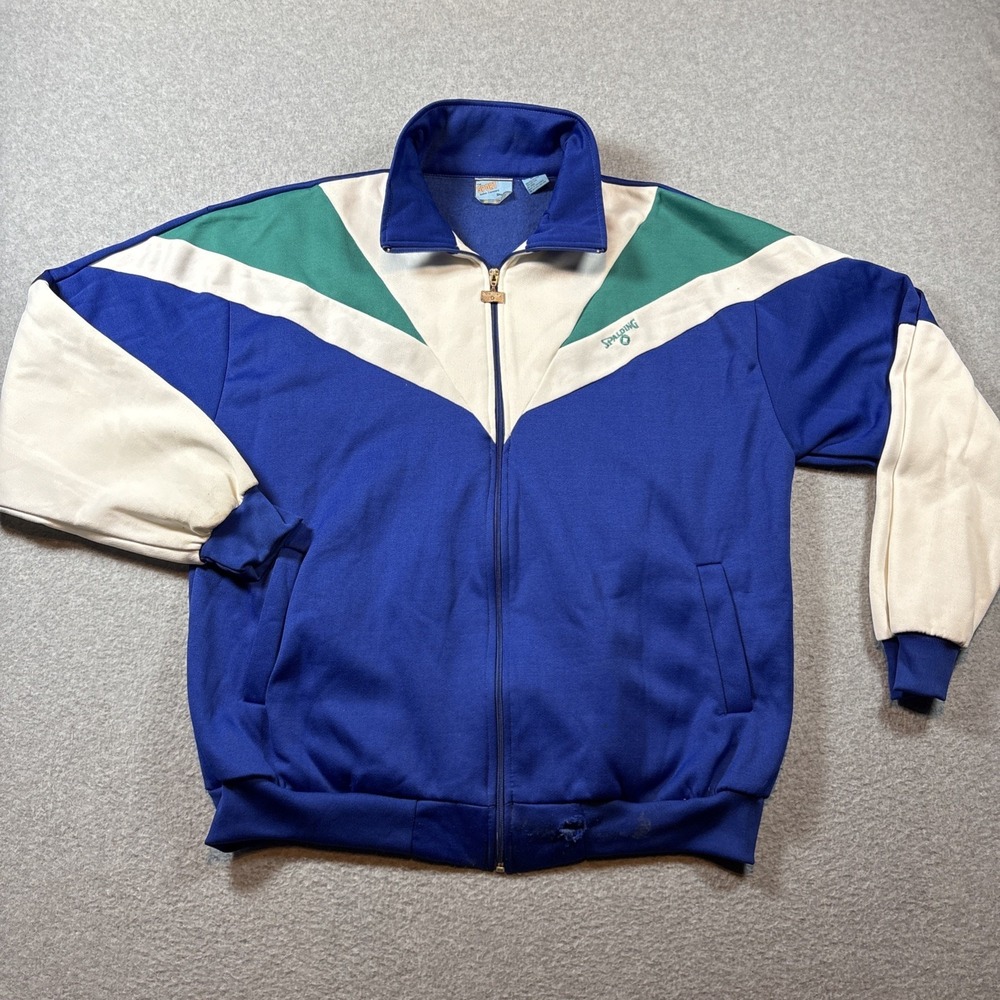 Vintage Spalding Men's Track Jacket Blue White Teal Sz XL FAIR CONDITION Retro